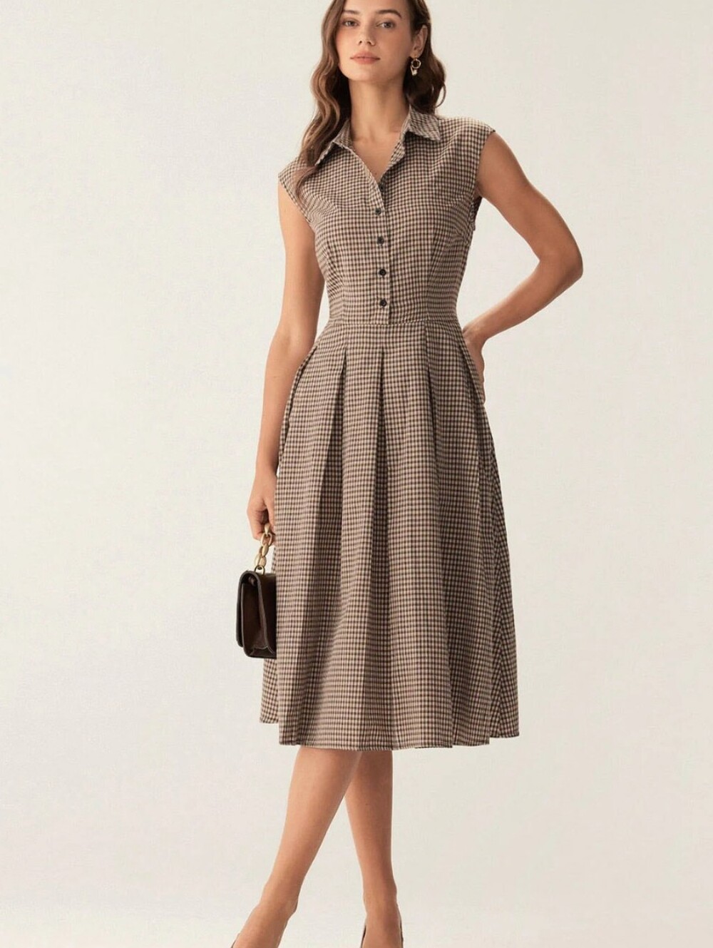 RIHOAS Brown Gingham Sleeveless Shirt Dress - Picture 3 of 7
